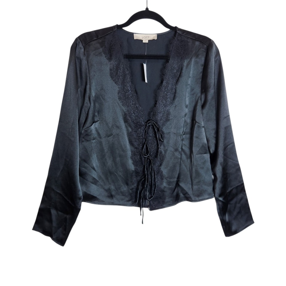 LOFT Womens Black Satin Lace Trim Tie Front V-Neck Long Sleeve Blouse Small